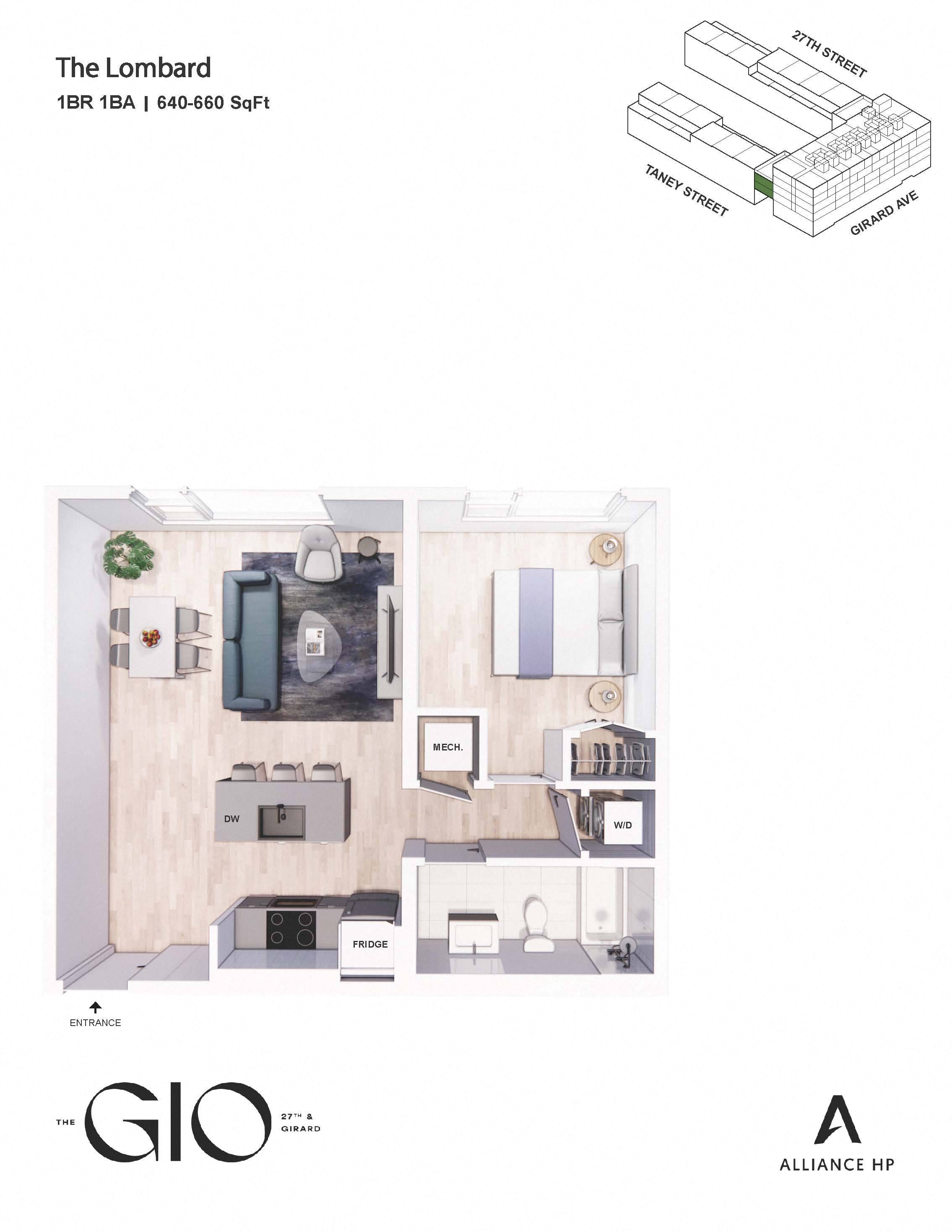 Floor plan for 1 bed, 1 bath, 660 sqft